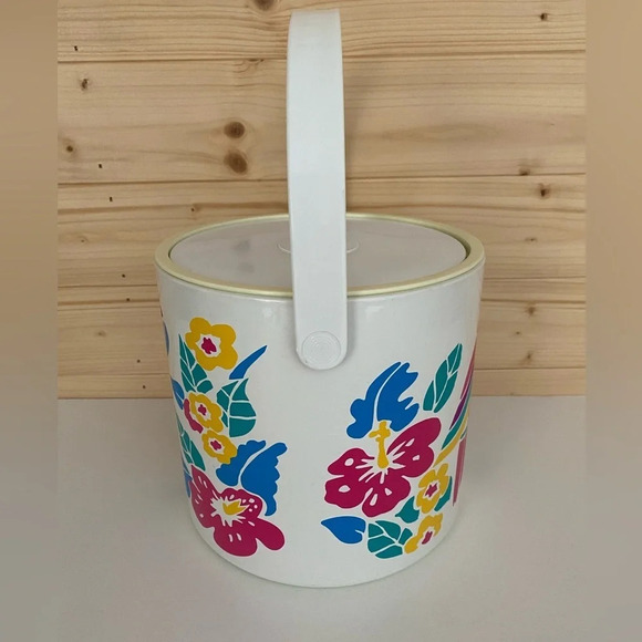VINTAGE 1990's Tropical Fun Colorful Parrott Floral Ice Bucket & Accesso… - Picture 2 of 7